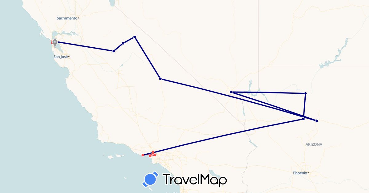 TravelMap itinerary: driving, plane, hiking, boat in United States (North America)